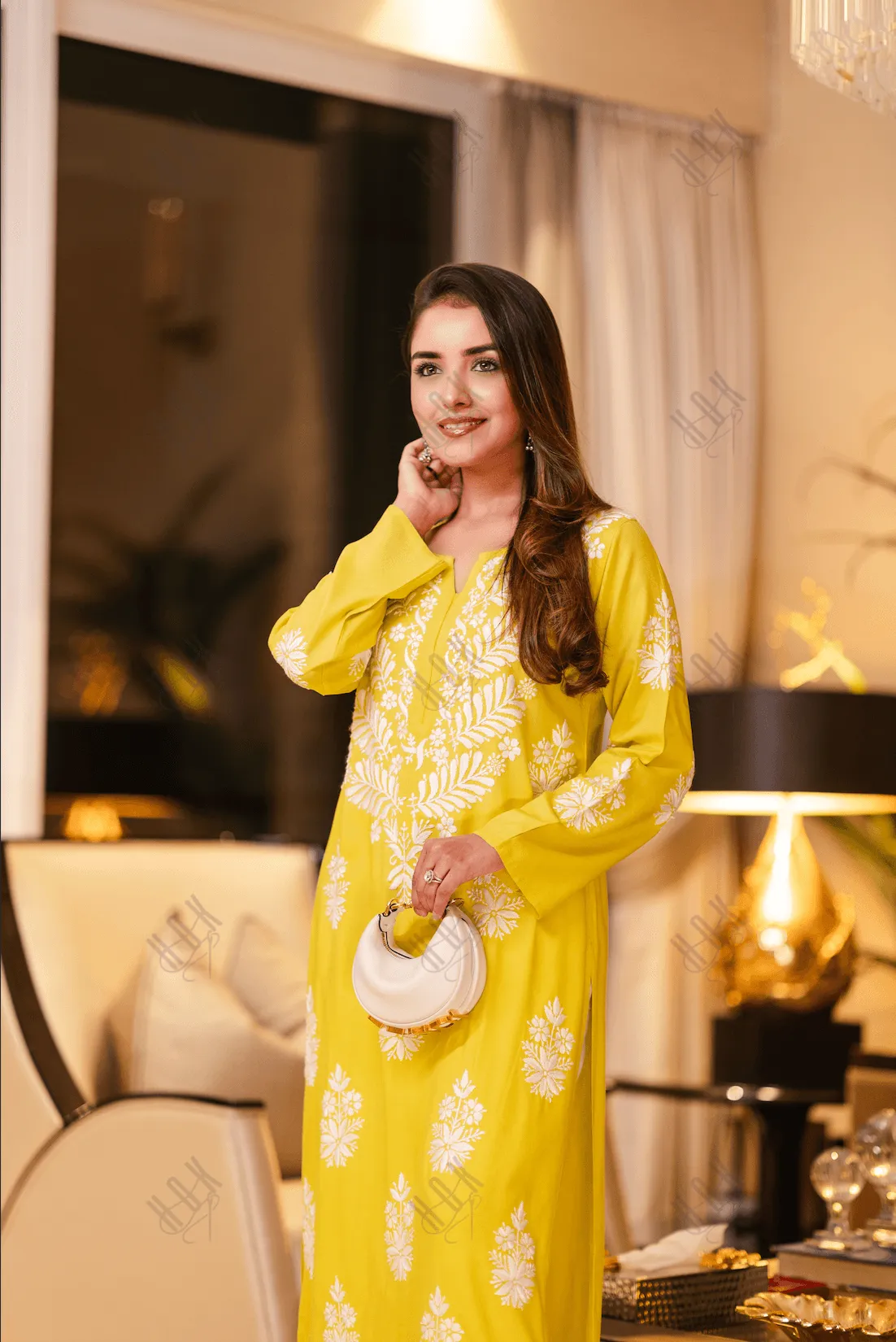 Shivani in chikankari Kurta in Lemon Green