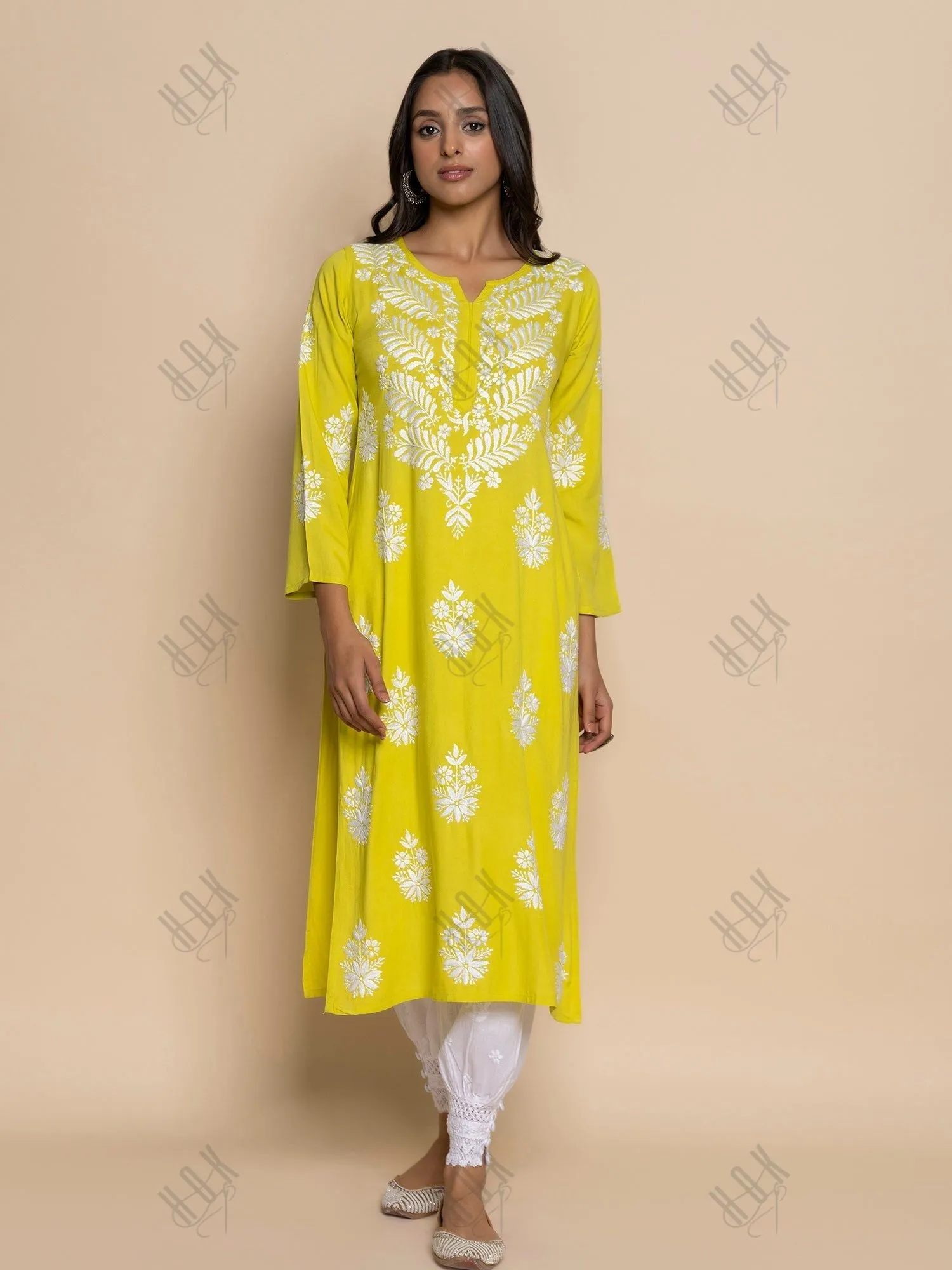 Shivani in chikankari Kurta in Lemon Green