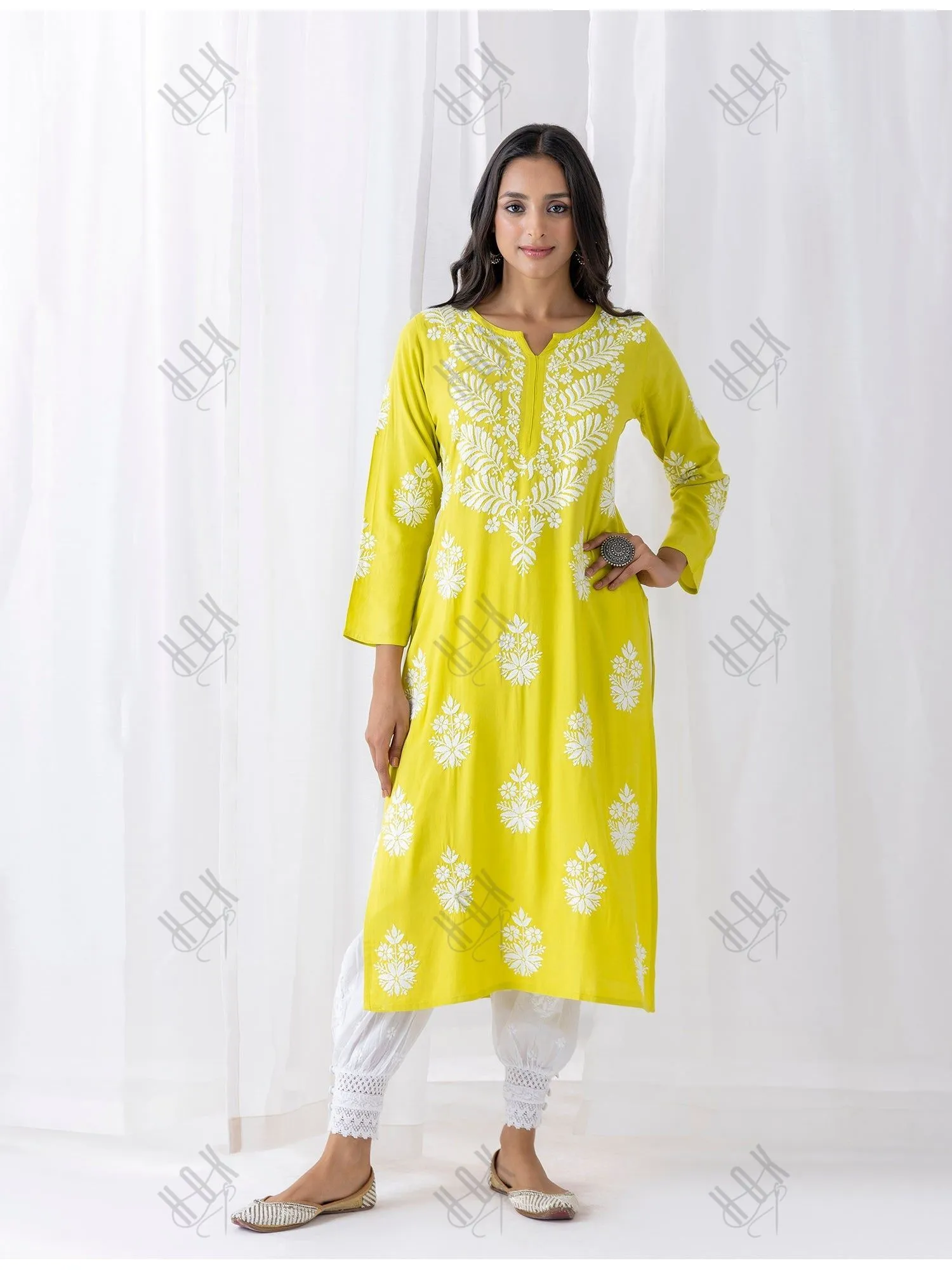 Shivani in chikankari Kurta in Lemon Green