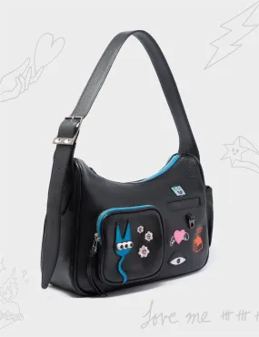 Vinyl Black Leather Hobo With Pocket - Urban Doodles Applique