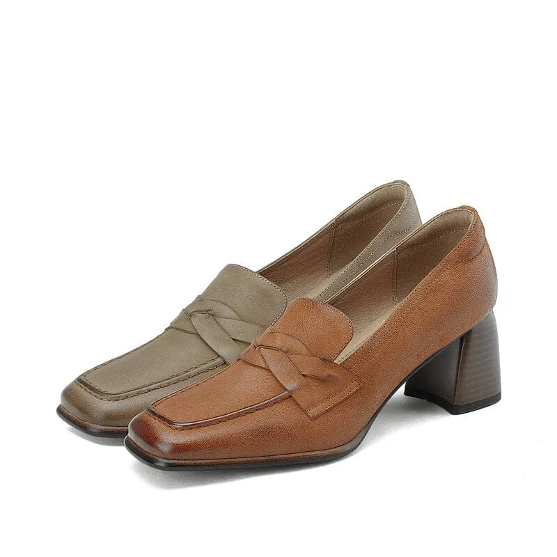 Women's Handmade Retro Square-Toe Block-Heel Loafers in Apricot/Yellow Brown