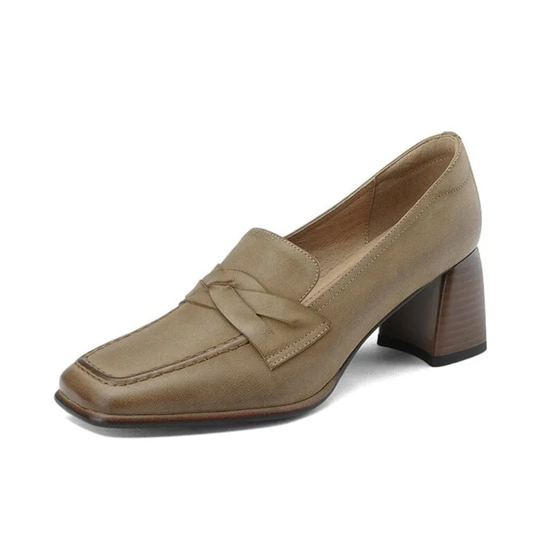 Women's Handmade Retro Square-Toe Block-Heel Loafers in Apricot/Yellow Brown