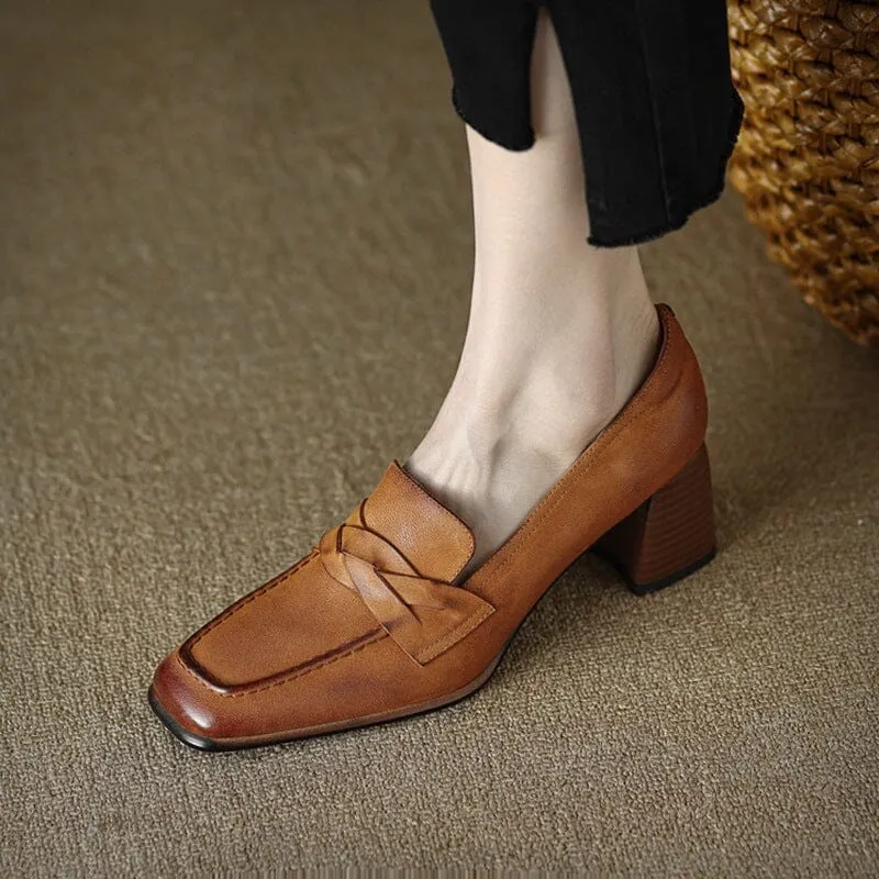 Women's Handmade Retro Square-Toe Block-Heel Loafers in Apricot/Yellow Brown