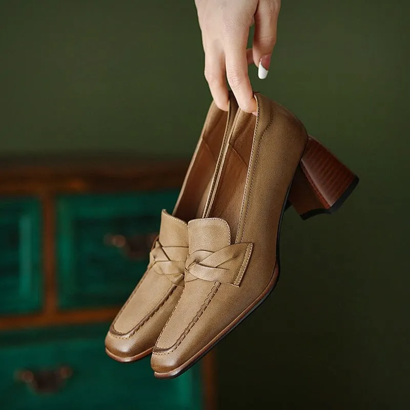 Women's Handmade Retro Square-Toe Block-Heel Loafers in Apricot/Yellow Brown