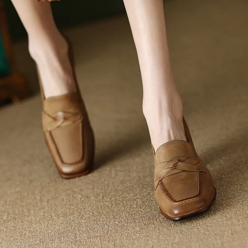 Women's Handmade Retro Square-Toe Block-Heel Loafers in Apricot/Yellow Brown